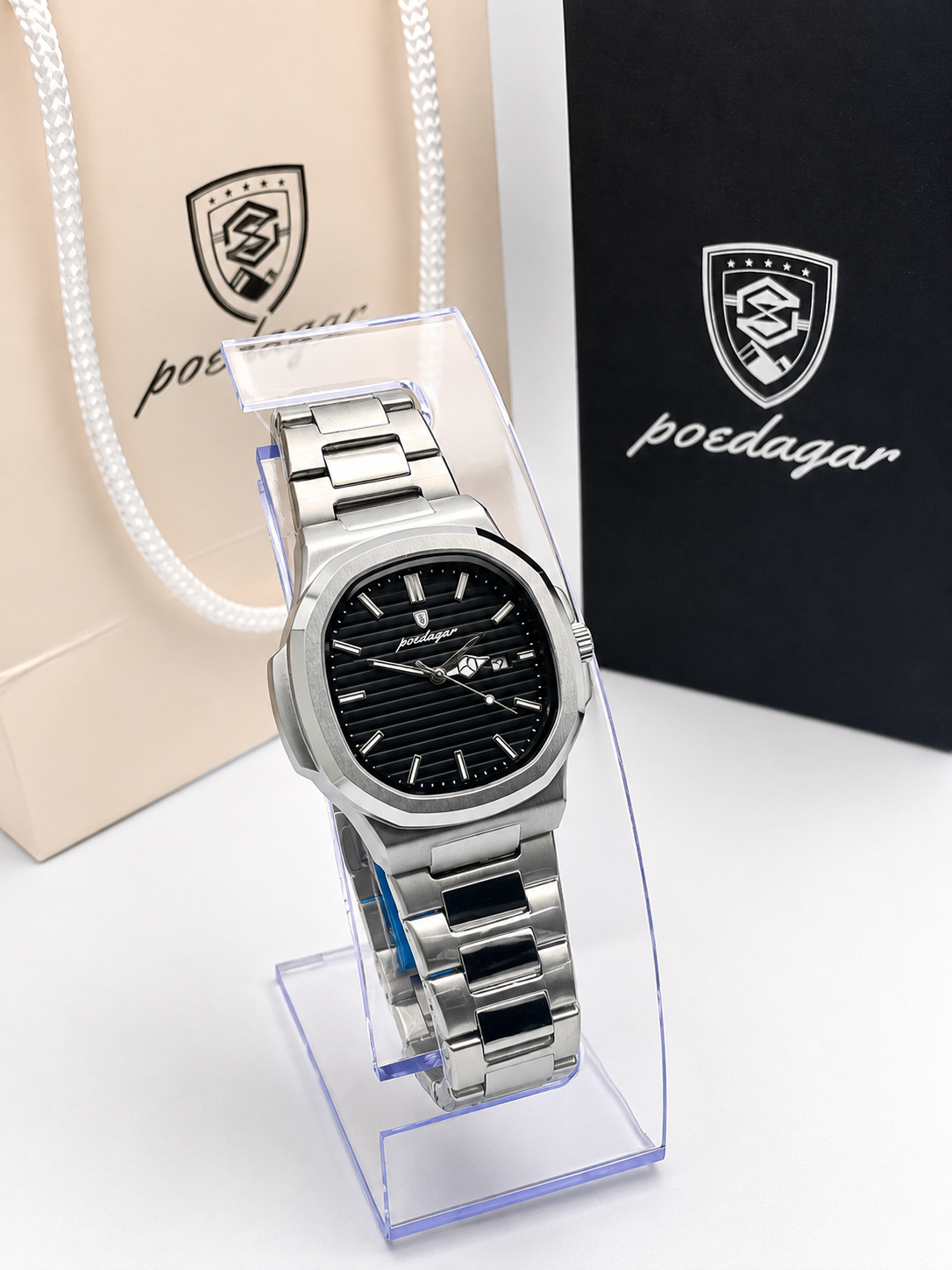 Montre homme POEDAGAR 613 à quartz carrée | Étanche à 30 m, cadran lumineux