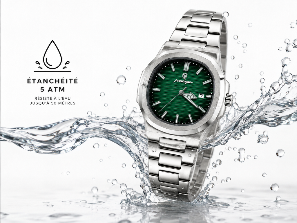 Montre homme POEDAGAR 613 à quartz carrée | Étanche à 30 m, cadran lumineux