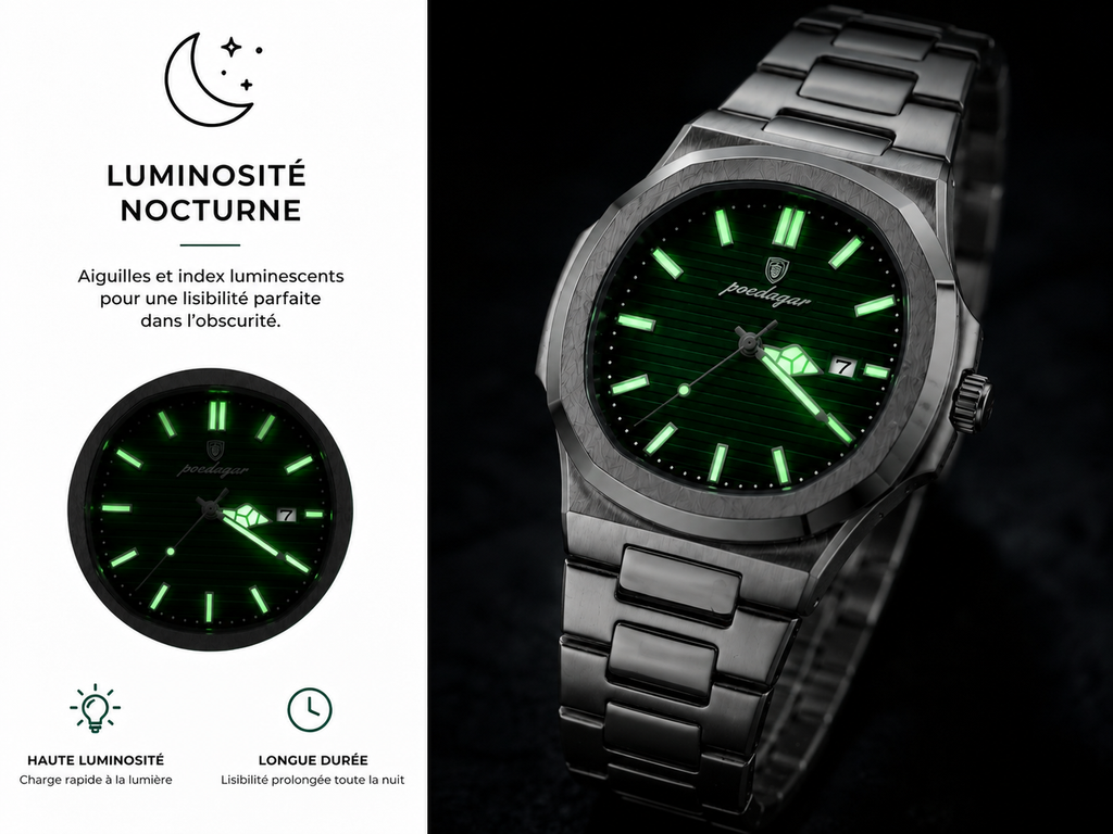 Montre homme POEDAGAR 613 à quartz carrée | Étanche à 30 m, cadran lumineux