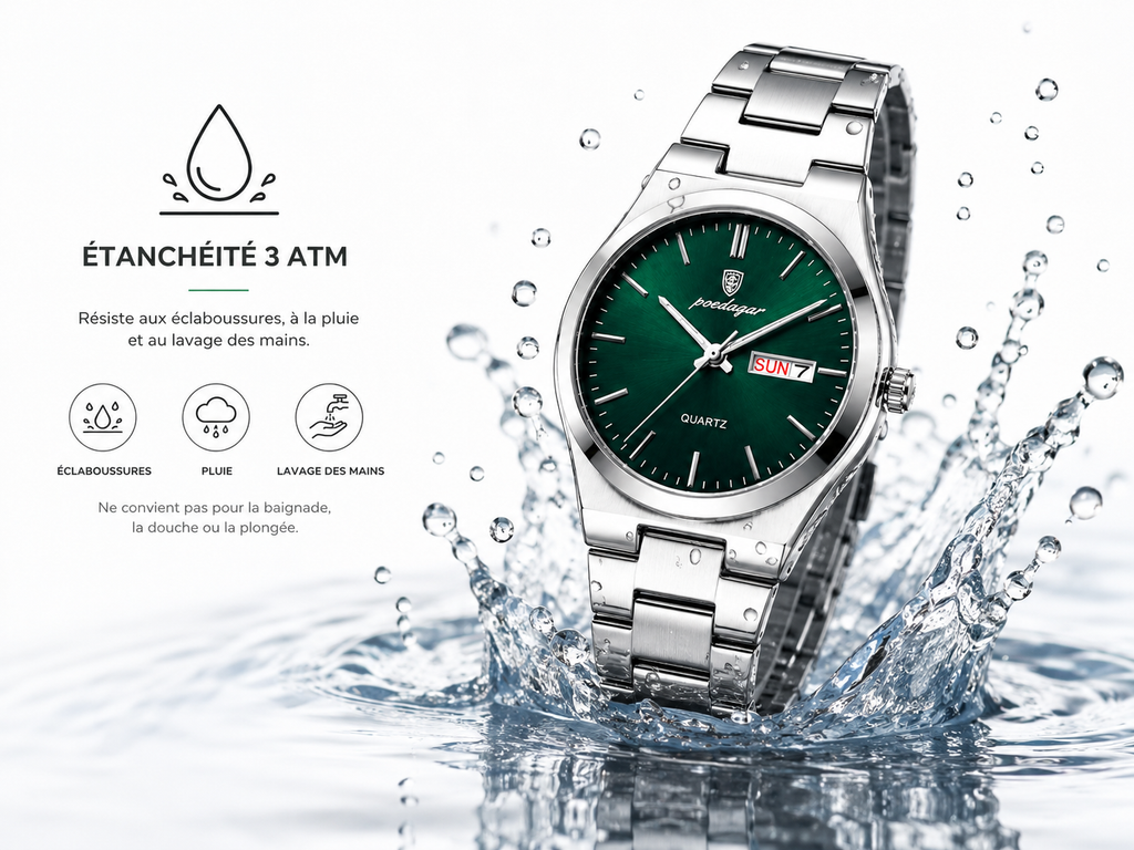 Montre POEDAGAR 930 en acier inoxydable à quartz | Étanche, lumineuse, date et jour de la semaine