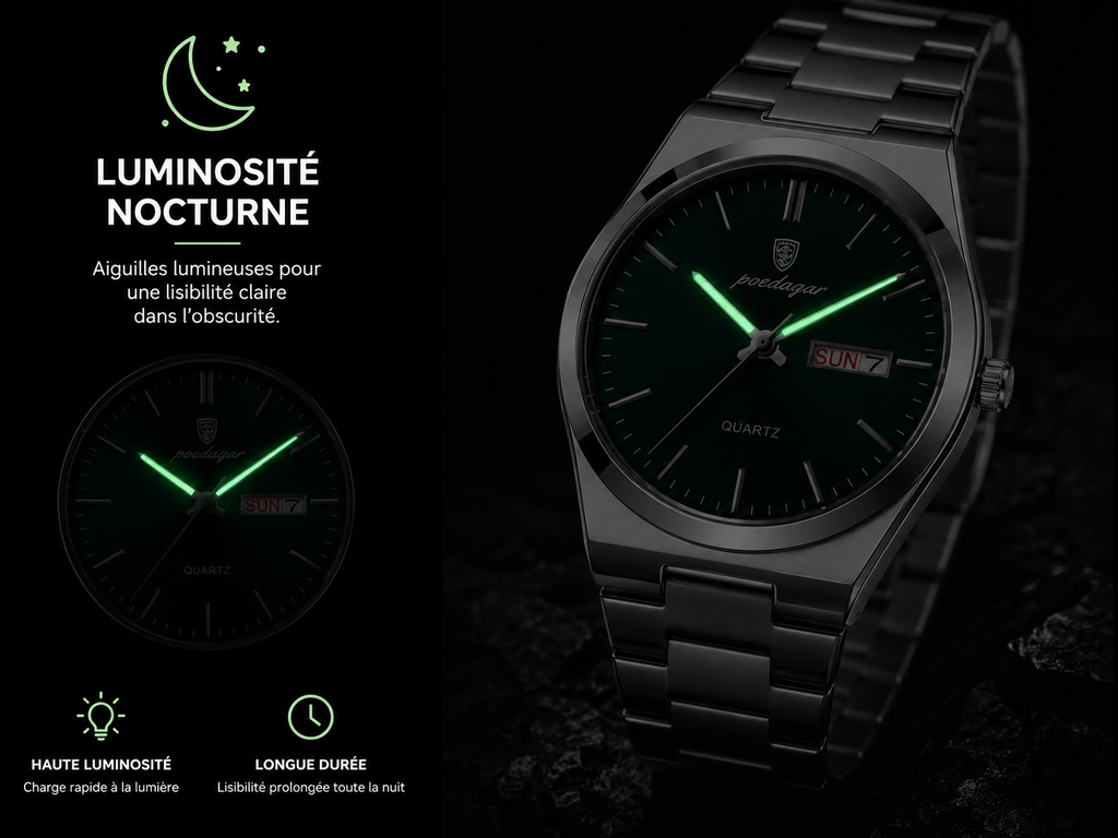 Montre POEDAGAR 930 en acier inoxydable à quartz | Étanche, lumineuse, date et jour de la semaine