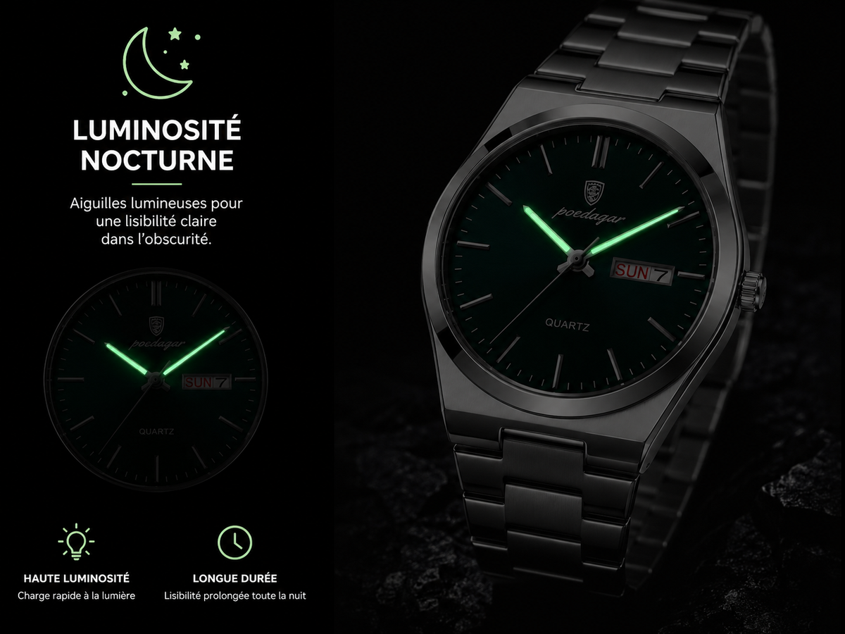 Montre POEDAGAR 930 en acier inoxydable à quartz | Étanche, lumineuse, date et jour de la semaine