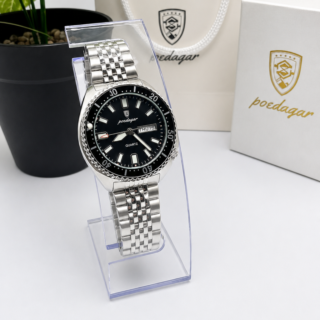 POEDAGAR 682 Montre-bracelet de luxe pour homme sport, quartz, lumineuse, étanche, calendrier de la semaine, acier inoxydable.