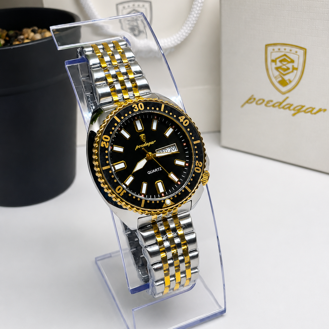 POEDAGAR 682 Montre-bracelet de luxe pour homme sport, quartz, lumineuse, étanche, calendrier de la semaine, acier inoxydable.