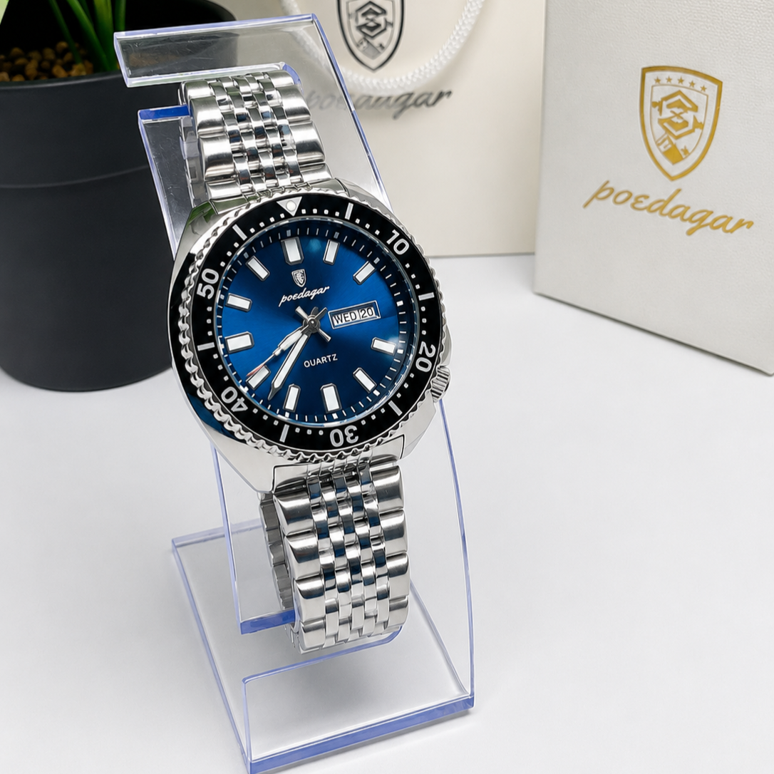 POEDAGAR 682 Montre-bracelet de luxe pour homme sport, quartz, lumineuse, étanche, calendrier de la semaine, acier inoxydable.