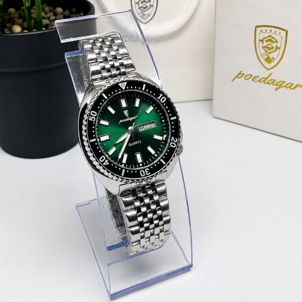 POEDAGAR 682 Montre-bracelet de luxe pour homme sport, quartz, lumineuse, étanche, calendrier de la semaine, acier inoxydable.