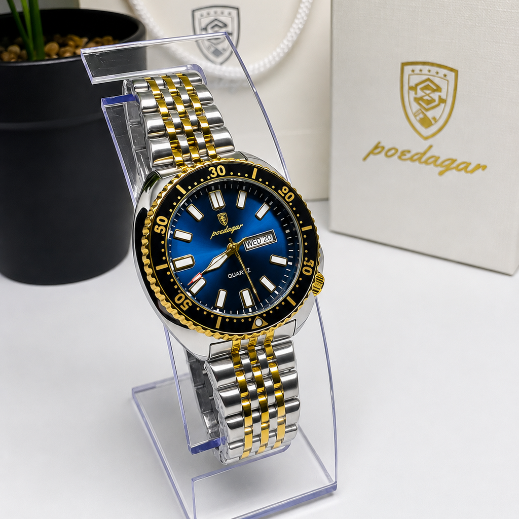 POEDAGAR 682 Montre-bracelet de luxe pour homme sport, quartz, lumineuse, étanche, calendrier de la semaine, acier inoxydable.