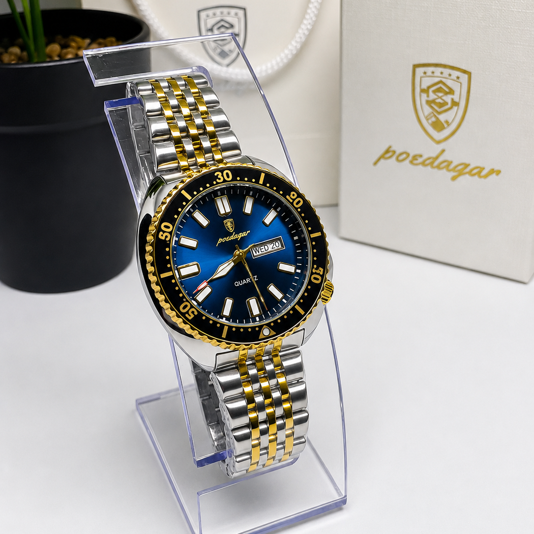 POEDAGAR 682 Montre-bracelet de luxe pour homme sport, quartz, lumineuse, étanche, calendrier de la semaine, acier inoxydable.